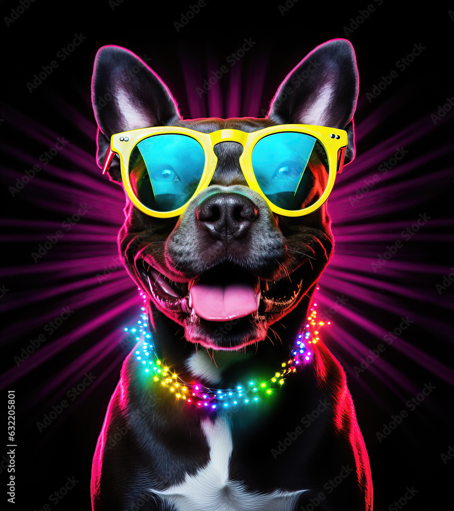 Cute astro dog in neon rainbow color lights over black background. Cute astro dog in neon rainbow color lights over black background.