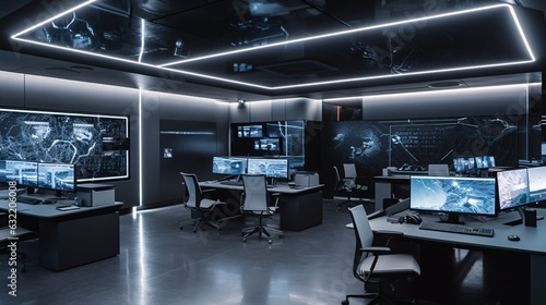 A High-Tech Office with Multiple Monitors and High-Speed Connectivity, generative AI