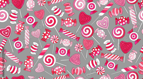 Candy cane pattern. Valentine's day background. Many types christmas treats on black background. Valentines day lollipop. Striped candies on white backdrop. Tasty, hand drawn delicious holiday print.