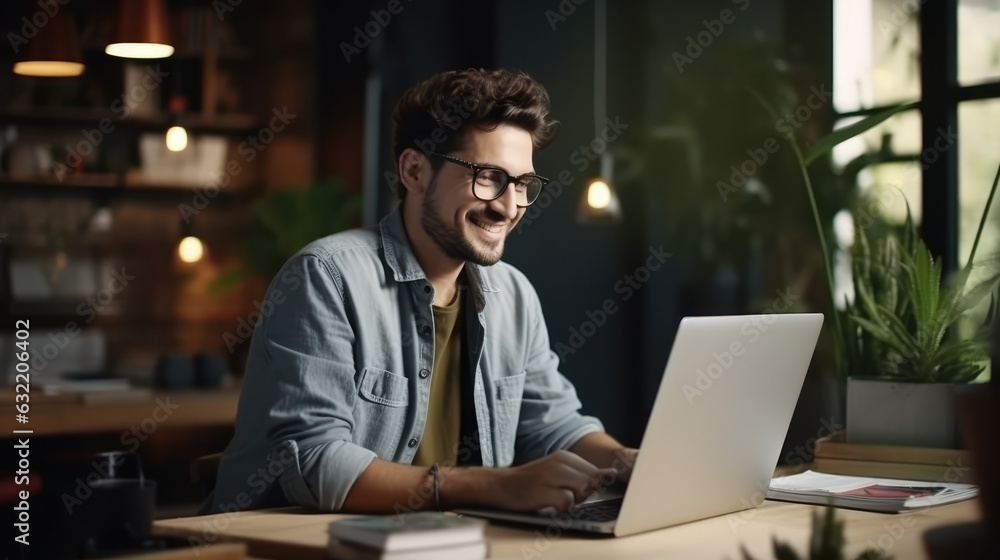 portrait of creative caucasian man in casual wear working and present discussing with laptop on wood table in office in dark tone, Generative AI portrait of creative caucasian man in casual wear working and present discussing with laptop on wood table in office in dark tone, Generative AI