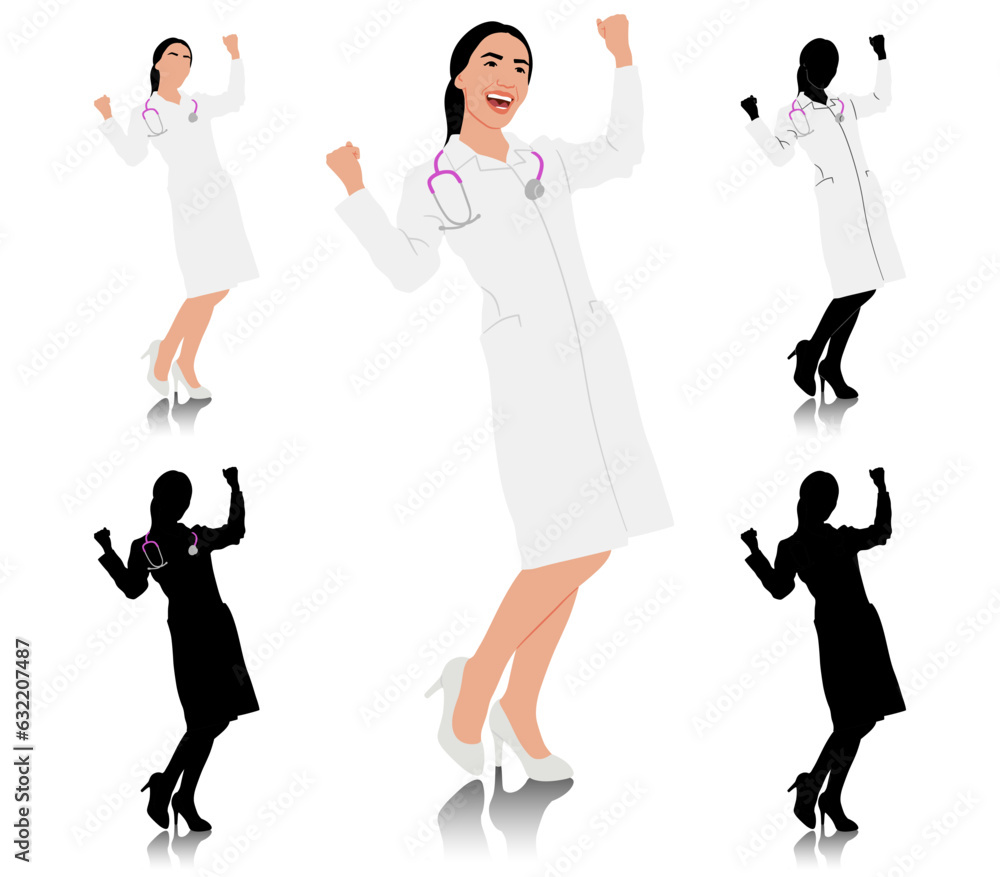 Hand drawn female healthcare worker. Happy smiling doctor in white coat with stethoscope. Medical worker is celebrating. Vector flat style illustration set isolated on white. Full height view Hand drawn female healthcare worker. Happy smiling doctor in white coat with stethoscope. Medical worker is celebrating. Vector flat style illustration set isolated on white. Full height view