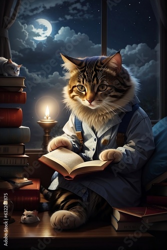 This whimsical scene invites contemplation, where the realms of curiosity and culture converge. The cat's absorption into the narrative mirrors the captivating allure of books, as two realms intertwin photo