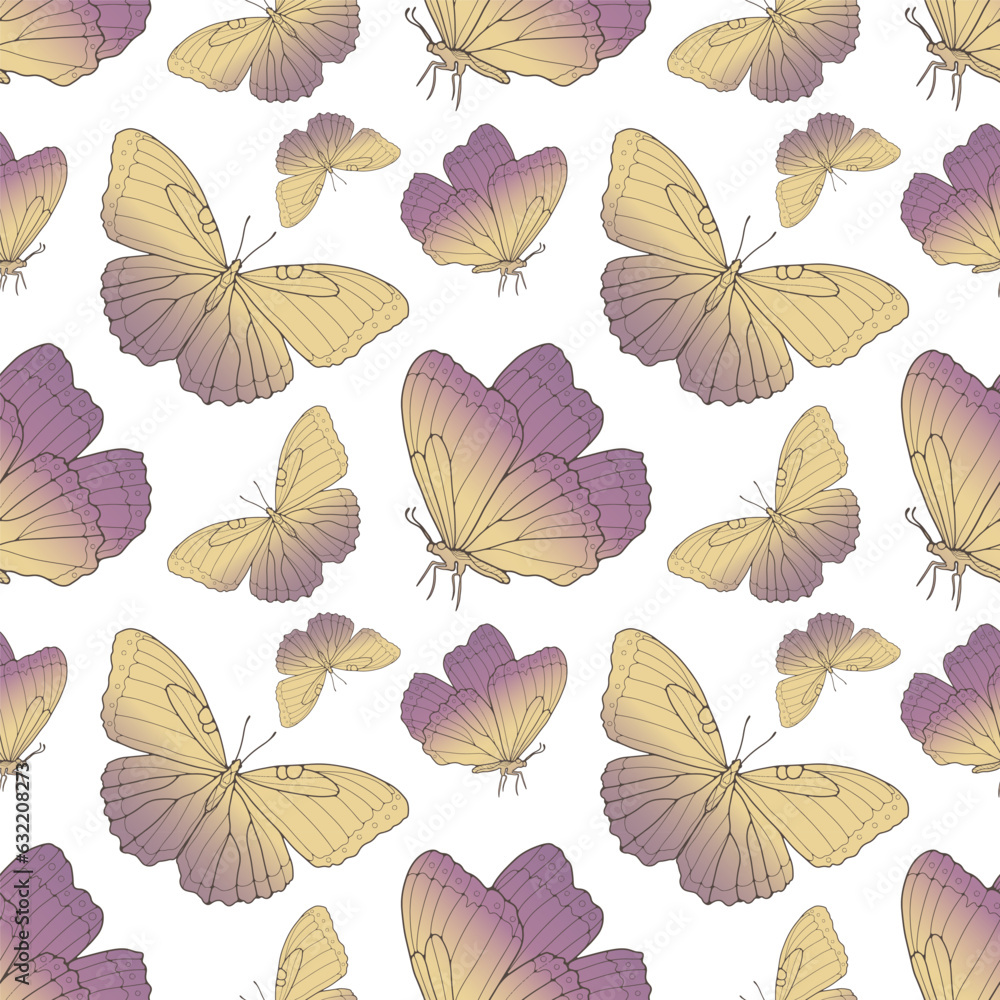 Obraz premium Seamless pattern with golden butterflies on a white background. Pattern for decor, covers, backgrounds, textiles, wrapping paper.