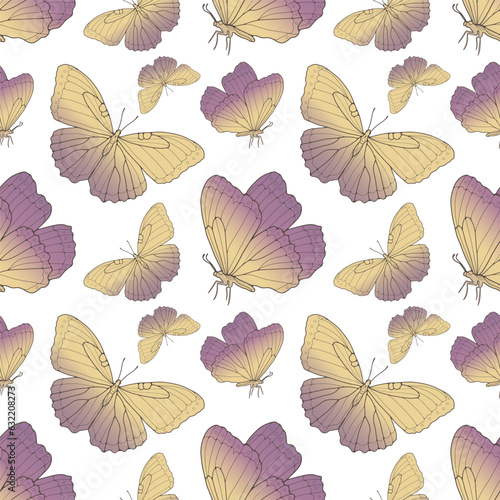 Seamless pattern with golden butterflies on a white background. Pattern for decor, covers, backgrounds, textiles, wrapping paper.
