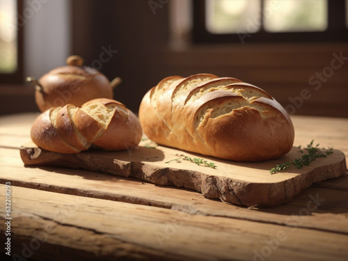  Bread on the wooden table. Baked with Love and Passion, From our ovens to your table, each loaf is a testament to our love for baking and dedication to quality. Created with ai.