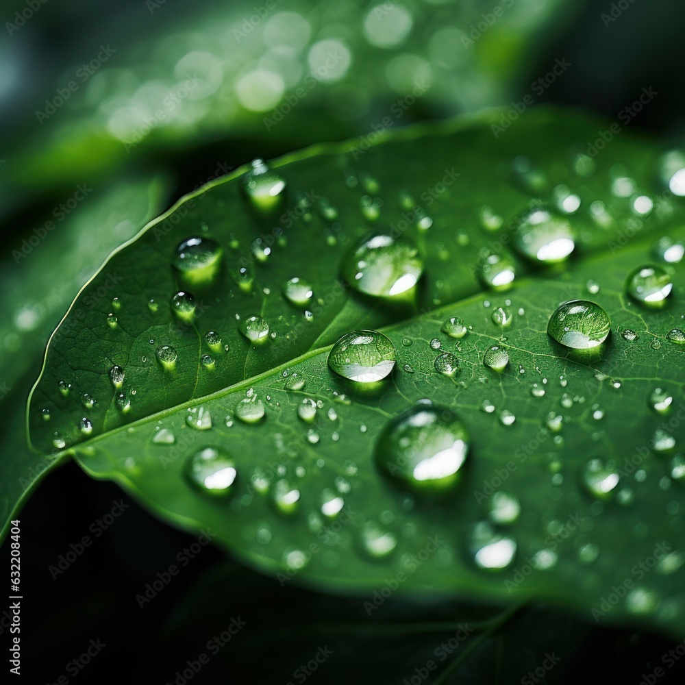 Macro shot of a raindrop on a green leaf. Generative AI Macro shot of a raindrop on a green leaf. Generative AI
