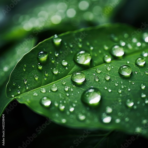 Macro shot of a raindrop on a green leaf. Generative AI