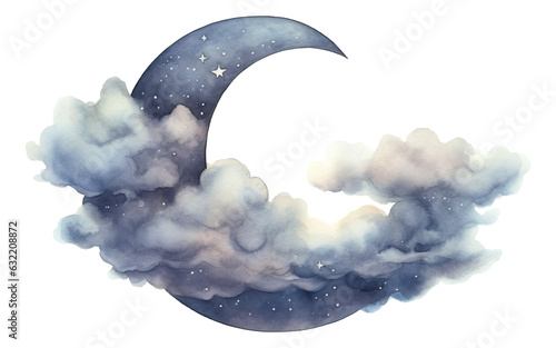 Watercolor moon and clouds isolated. photo