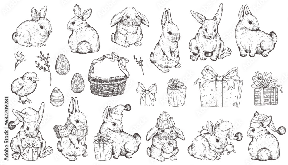Rabbit or hare big set hand drawn gravure or sketch style vector isolated.