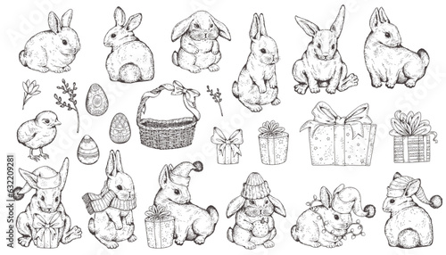 Rabbit or hare big set hand drawn gravure or sketch style vector isolated.