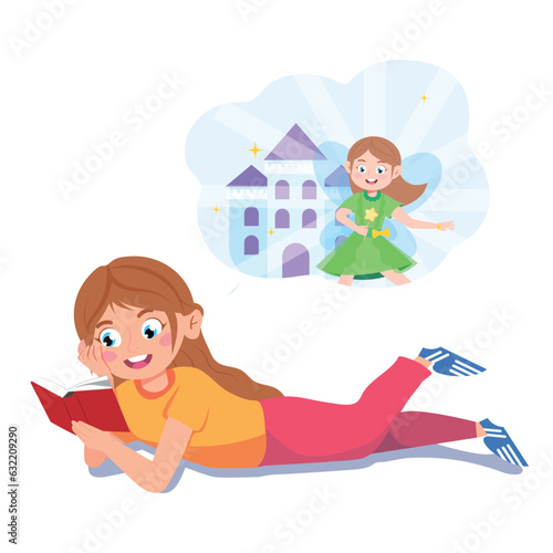Girl reading the book. Child dreaming while reading. Vector illustration of the girl with book in cartoon style