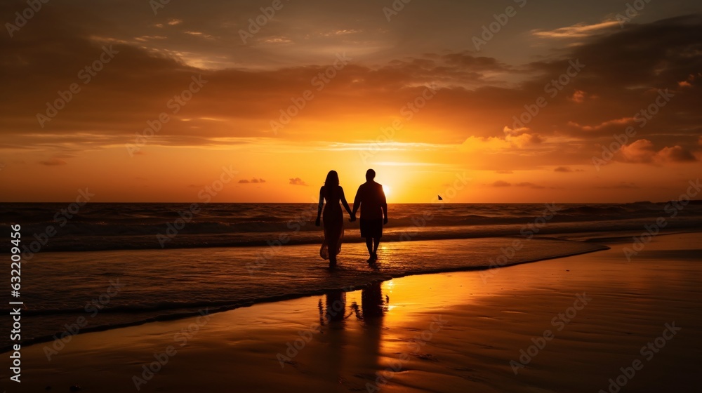 A Romantic Evening Walk Along the Beach as the Sun Sets, generative AI