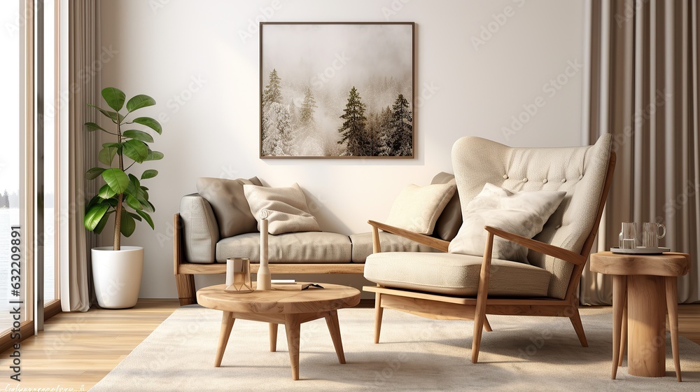 Interior design of Scandinavian living room, Wing chair near rustic wooden coffee table, Generative AI Interior design of Scandinavian living room, Wing chair near rustic wooden coffee table, Generative AI