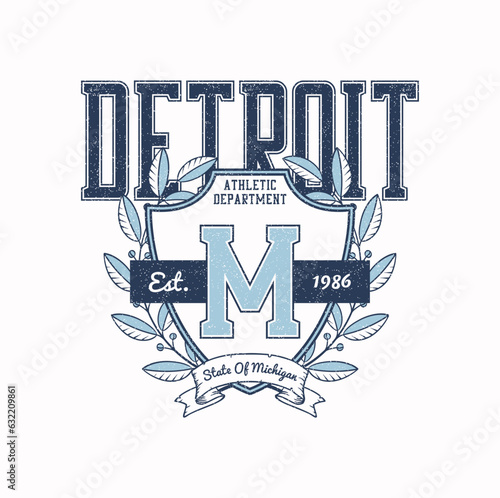 Detroit, Michigan t-shirt design with college shield and laurel wreath. College style tee shirt design. Sports apparel print with grunge. Vector illustration.