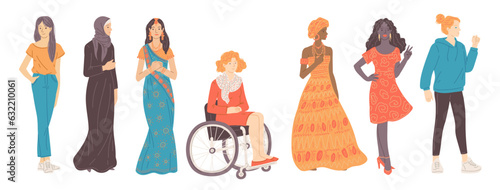 Set of diverse women of different cultures and nationalities - flat vector illustration isolated on white background.