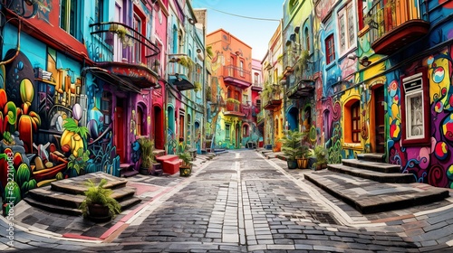 beautiful colorful alley with paving stone photo