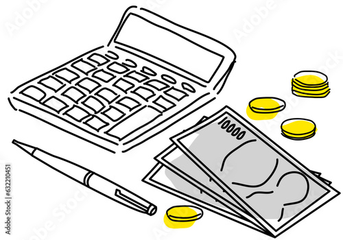 お金と電卓とペンのシンプル線画イラスト