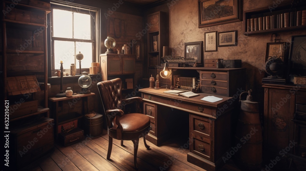 A Rustic Home Office with a Wooden Desk and Leather Chair, generative AI