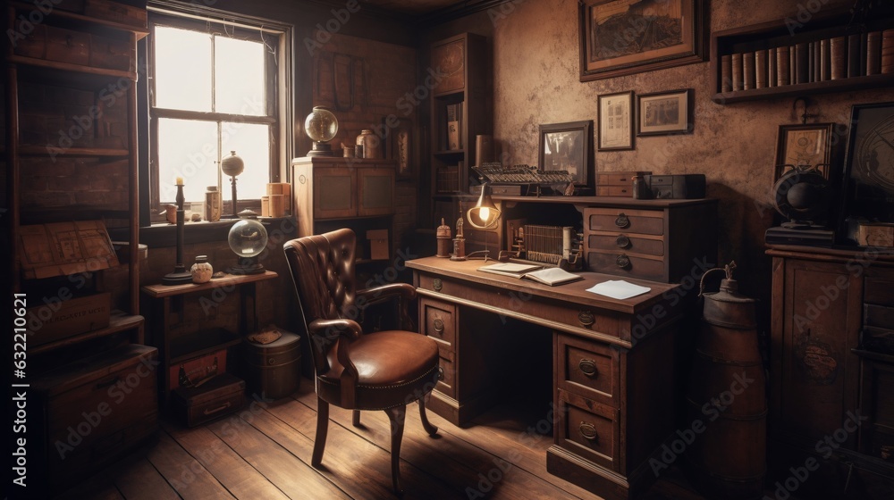 A Rustic Home Office with a Wooden Desk and Leather Chair, generative AI A Rustic Home Office with a Wooden Desk and Leather Chair, generative AI