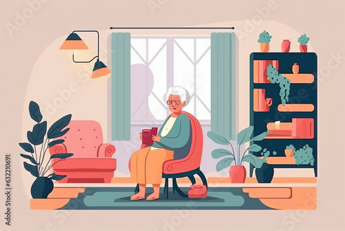 Elderly woman drinking hot aromatic beverage at home, illustration generative AI