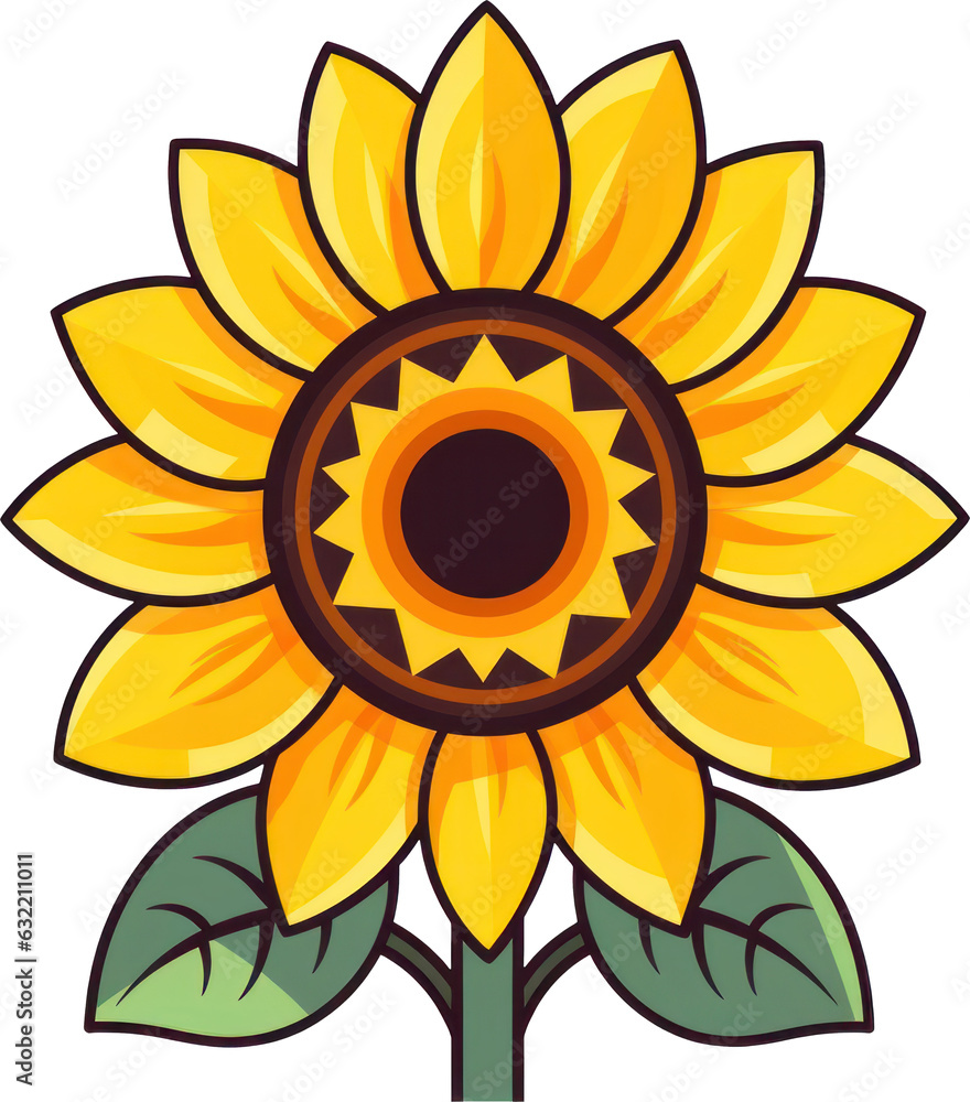 Fototapeta premium Cheerful clip art illustration of a sunflower with yellow petals and green leaves against a transparent background, ideal for various creative projects. Generative AI.