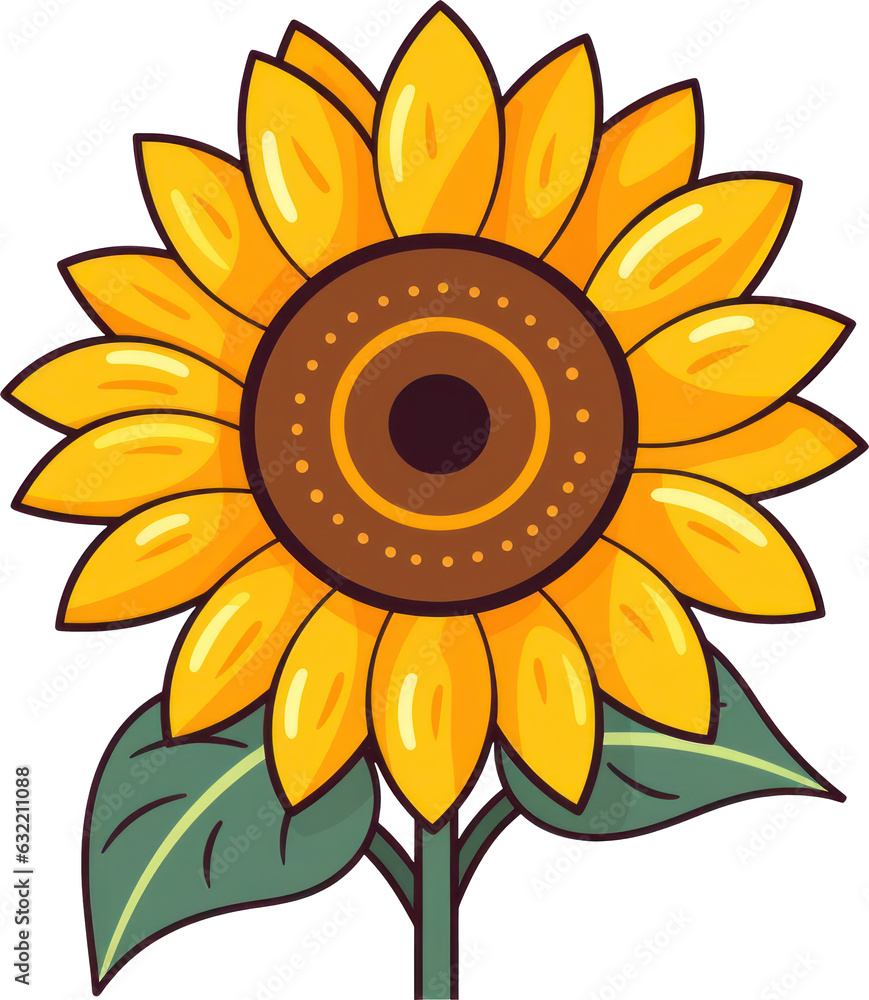 Fototapeta premium Cheerful clip art illustration of a sunflower with yellow petals and green leaves against a transparent background, ideal for various creative projects. Generative AI.