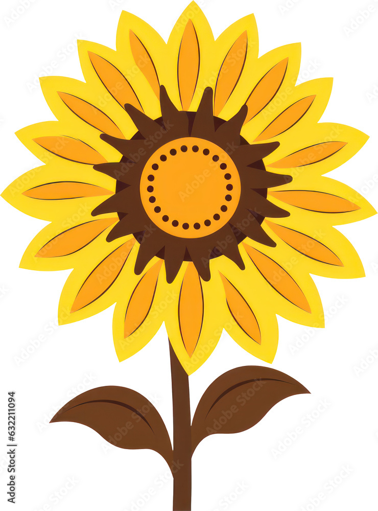 Fototapeta premium Cheerful clip art illustration of a sunflower with yellow petals and green leaves against a transparent background, ideal for various creative projects. Generative AI.