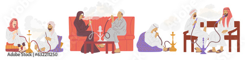 Arab people smoke hookah, flat vector illustrations set isolated on white.
