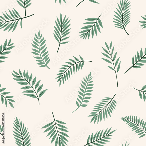 Vector Seamless Pattern with Green Tropical Palm Leaves. Tropical Exotic Foliage, Sprig with Leaves, Tree Twigs. Decorative Tropical Leaf Seamless Print