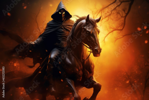 A spooky monster horseman with Halloween pumpkin riding horse © spyrakot