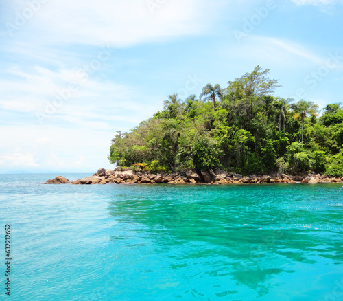 Blue sea, beach, tropical nature, island. Beautiful landscape, paradise, view, forest. Relax, vacation, holiday, happy, peace. Paraty, Rio de Janeiro, Brazil