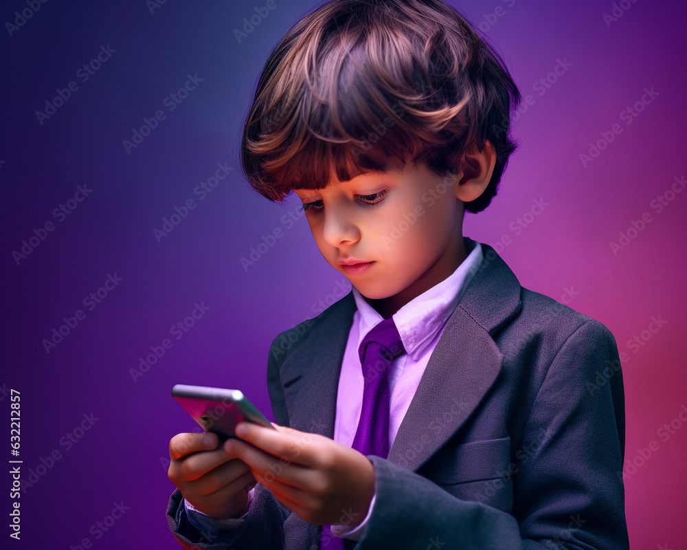 Young boy playing with a smart phone on purple background, international internet day stock photos Young boy playing with a smart phone on purple background, international internet day stock photos