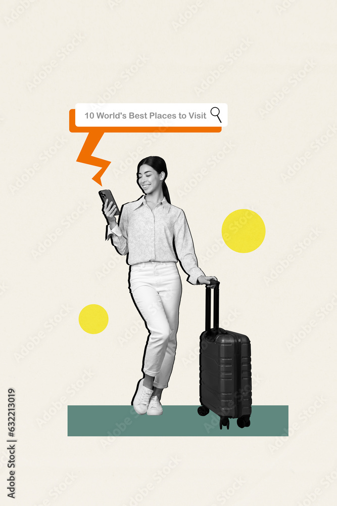 Vertical creative composite photo collage of happy excited girl look at smartphone search for resort isolated on drawing background Vertical creative composite photo collage of happy excited girl look at smartphone search for resort isolated on drawing background