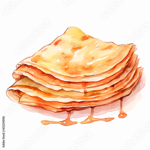 Thin pancakes crepes French  breakfast traditional dessert isolated watercolor hand drawn illustration on the white background photo