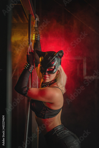 Beautiful woman in the cat mask posing at night city street concept.