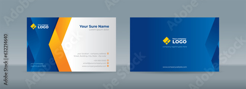 Set of double sided business card templates with simple orange folded ribbons on blue and white background