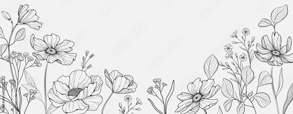 Botanical line bakground with flowers and leaves. Floral foliage for wedding invitation, wall art or card template - obrazy, fototapety, plakaty 