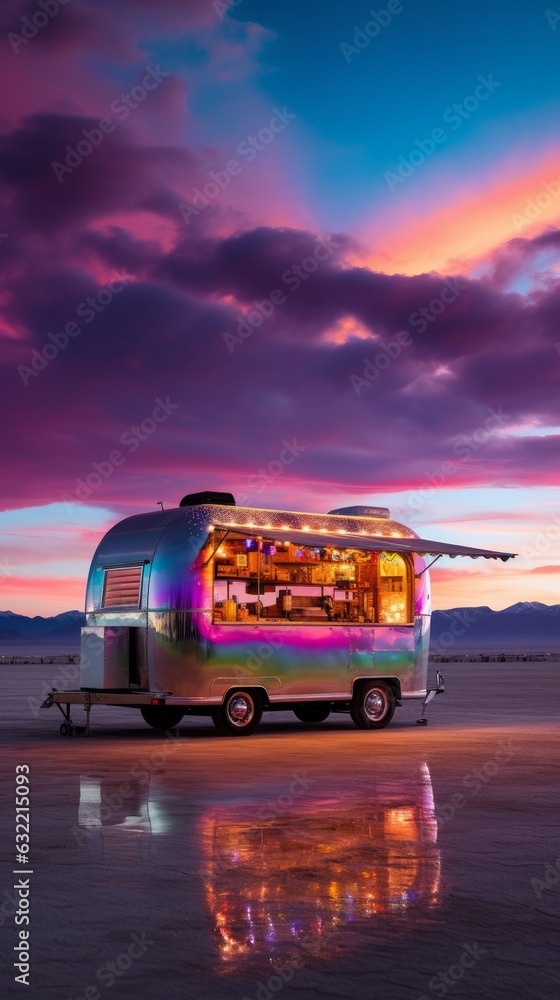 Food truck with neon light. Generative AI Food truck with neon light. Generative AI
