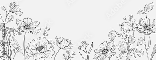 Botanical line bakground with flowers and leaves. Floral foliage for wedding invitation, wall art or card template