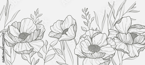 Botanical line bakground with flowers and leaves. Floral foliage for wedding invitation, wall art or card template