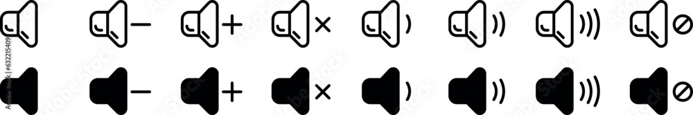 Set of volume icons. Black and line volume sound icons. Sound volume set of icons. Vector isolated black audio icons or symbols. Speaker volume icon -audio voice sound symbol media music Set of volume icons. Black and line volume sound icons. Sound volume set of icons. Vector isolated black audio icons or symbols. Speaker volume icon -audio voice sound symbol media music