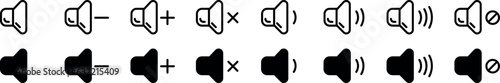 Set of volume icons. Black and line volume sound icons. Sound volume set of icons. Vector isolated black audio icons or symbols. Speaker volume icon -audio voice sound symbol media music