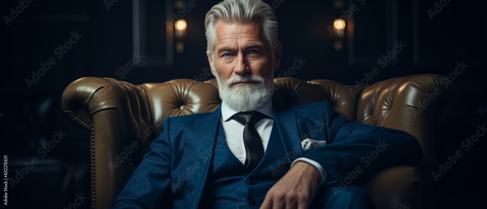 Elegant senior man seated on an armchair. Generative AI Elegant senior man seated on an armchair. Generative AI