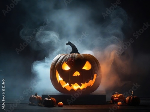 Halloween decorated pumpkins sit on a table in a dark, candlelit room. generative AI