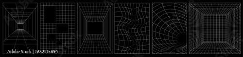 Set of distorted vertical grid pattern, flower text pattern. Y2K Retrowave shapes, geometry wireframe grid backgrounds in neon white color.