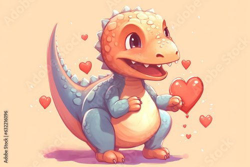 Cute cartoon baby dinosaur holding a heart. Postcard. Valentine s Day. Generative AI