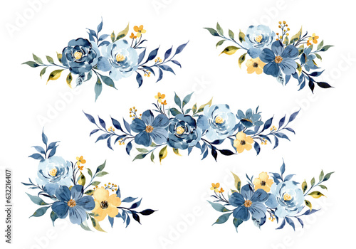Watercolor yellow blue flower bouquet collection