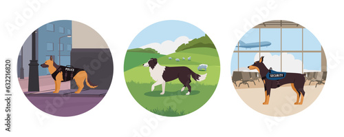 Various assistance dogs - police, security and sheepdog, flat vector illustration isolated on white background.