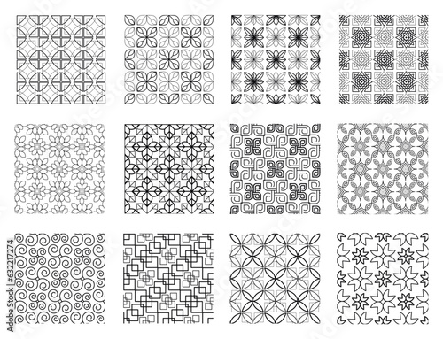 Set of geometric patterns for decoration. Monochrome prints