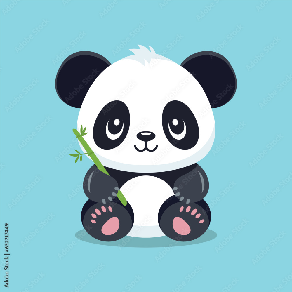 Flat Vector Cute Cartoon Panda Character with Bamboo. Funny Smiling Sitting Panda Bear in Front View Flat Vector Cute Cartoon Panda Character with Bamboo. Funny Smiling Sitting Panda Bear in Front View